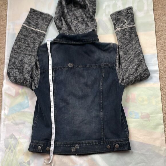 Free People Hooded Denim Knit Jacket Navy Black Gary Distressed L Mixed Media - Picture 13 of 13